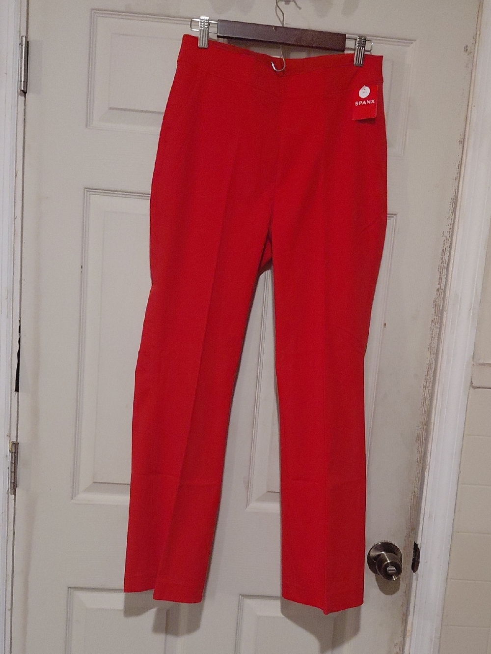 SPANX Womens Straight-Leg High-Rise Red Pants Size L/G Tall Flat Front Back Pock